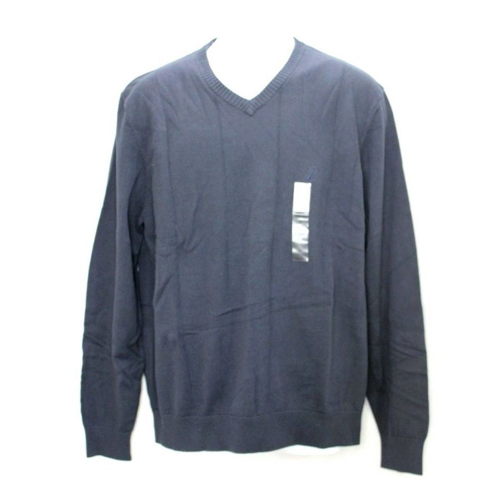 NAUTICA Men’s Size Large Navy Blue V-Neck Lightweight Sweater 100% Cotton NWT